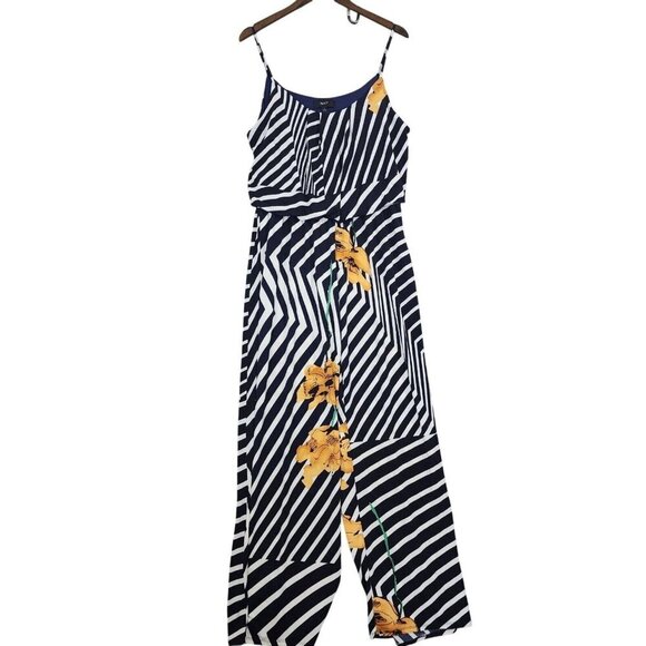 Naif Womens Large Black/White Striped Jumpsuit With Yellow Floral Pattern - Picture 1 of 8